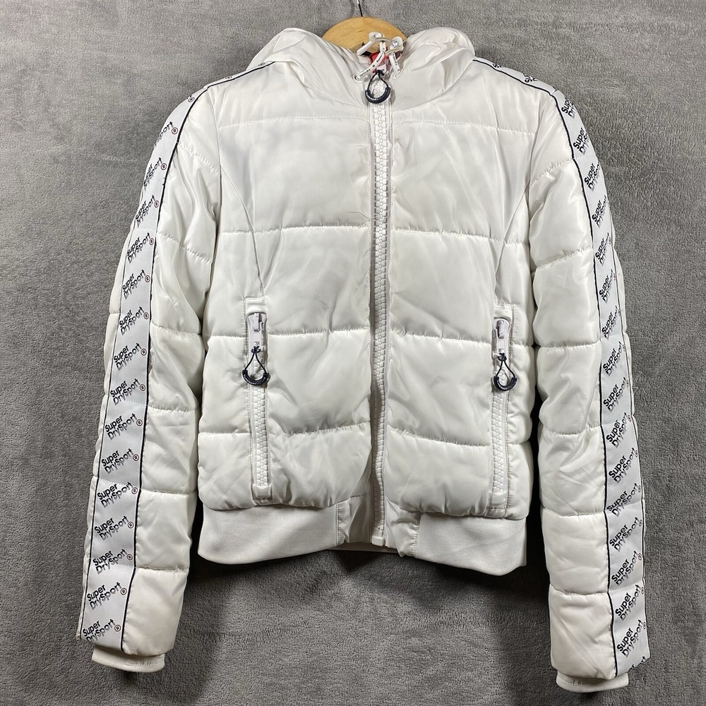 Superdry Japan Mountain Range White Puffer Jacket Hooded Logo Tape Womens 4
